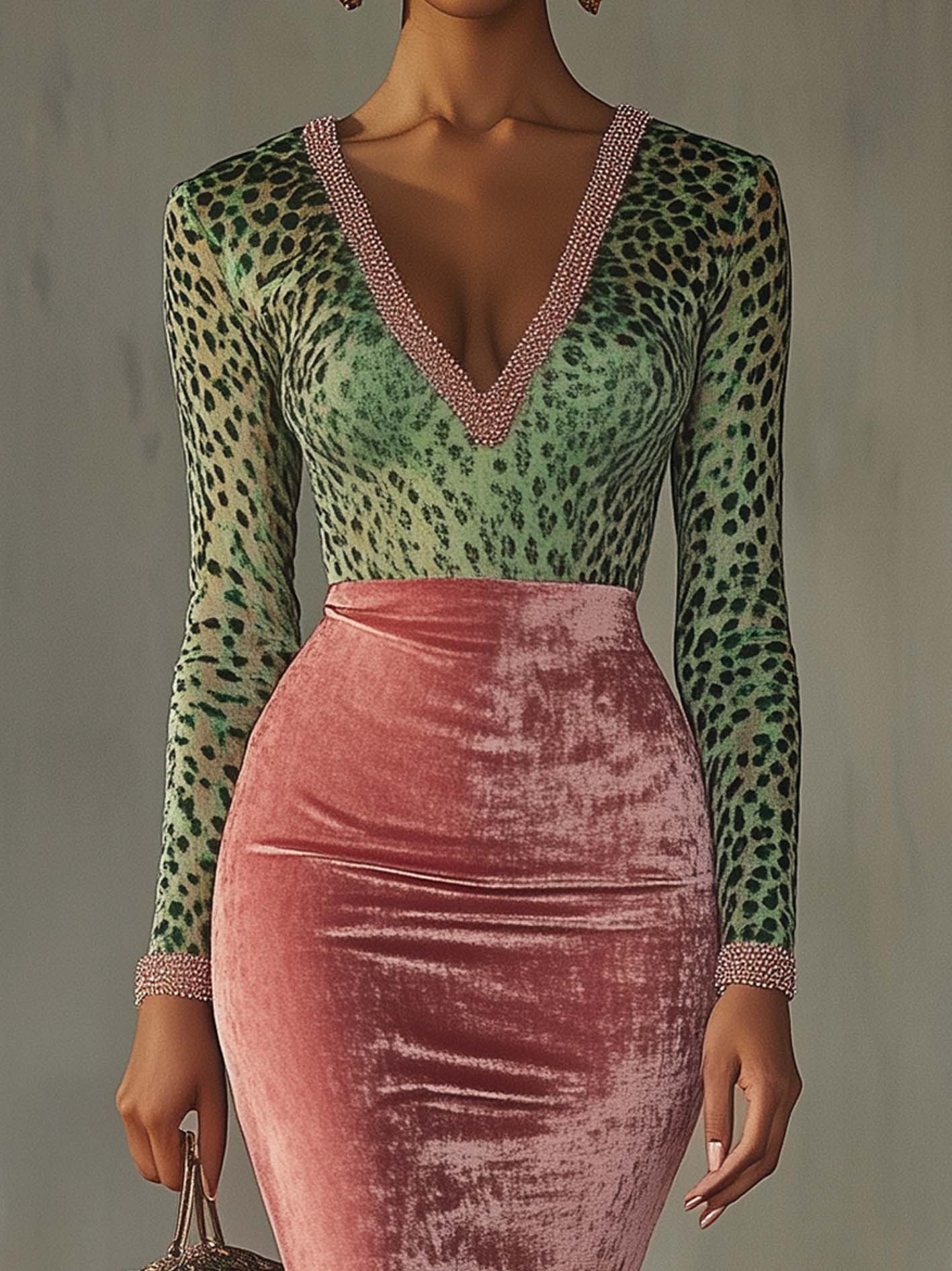 Pink Velvet Leopard Print Patchwork Dress by Merchant Mona 