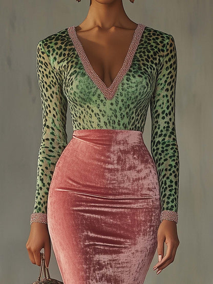 Pink Velvet Leopard Print Patchwork Dress by Merchant Mona 