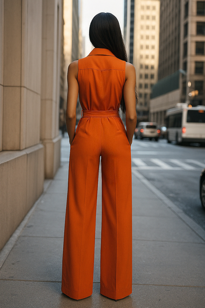 Stylish Sleeveless Orange Wide Leg Jumpsuit by Merchant Mona 