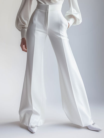 White High Waist Wide Leg Flare Pants by Merchant Mona 