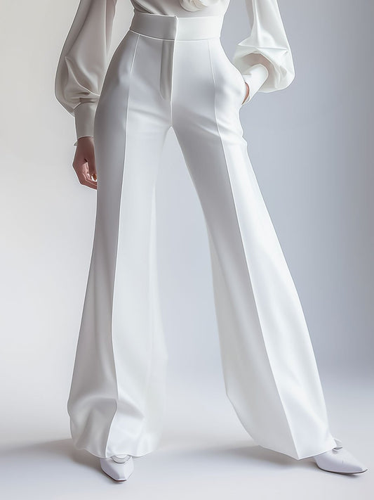 White High Waist Wide Leg Flare Pants by Merchant Mona 