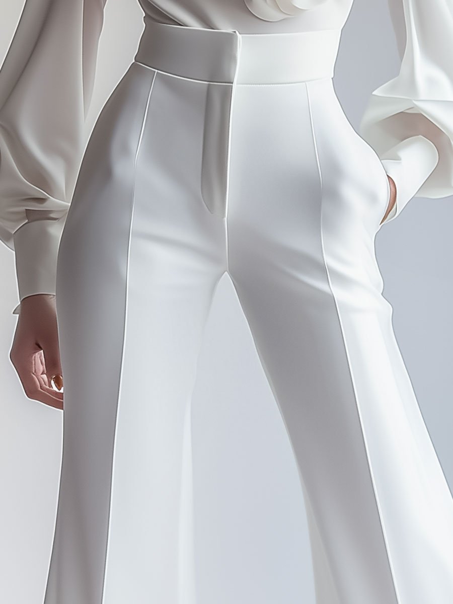 White High Waist Wide Leg Flare Pants by Merchant Mona 