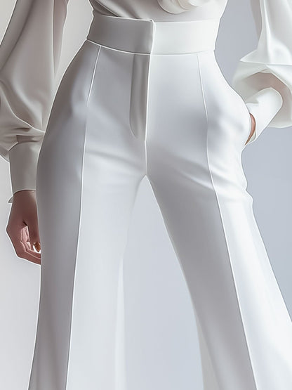 White High Waist Wide Leg Flare Pants by Merchant Mona 