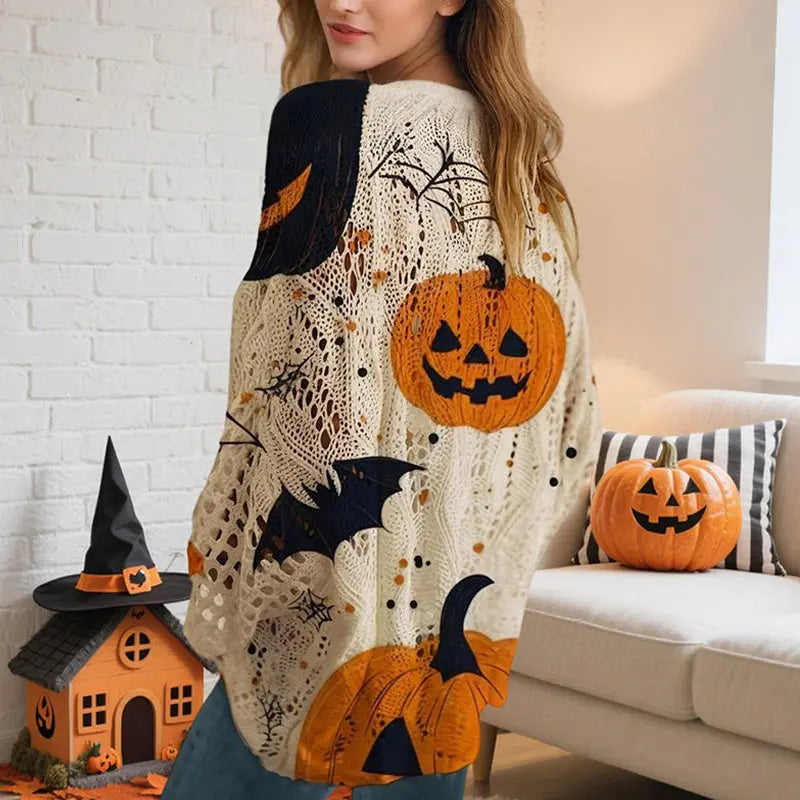 Women’s Halloween Batwing Sleeve Pumpkin Print Blouse – Casual Top