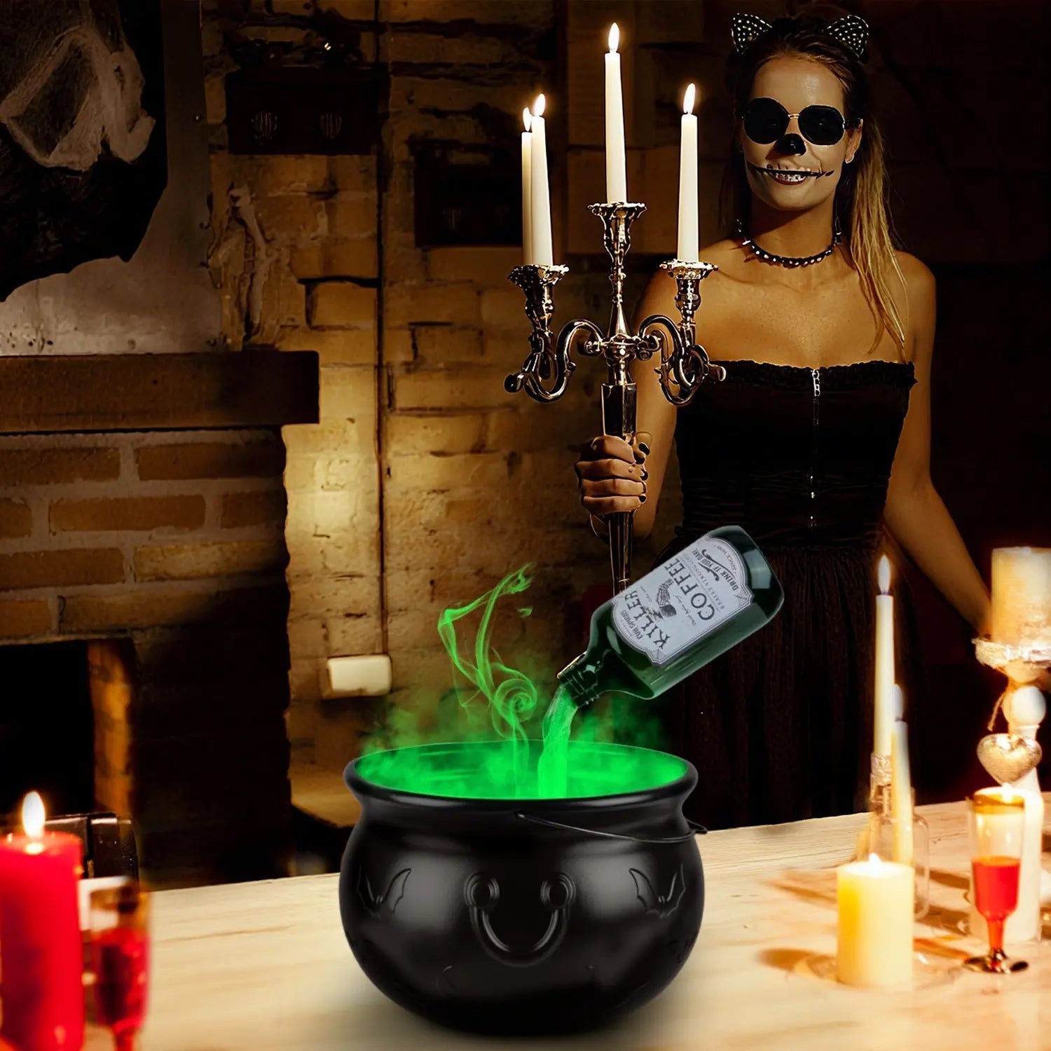 Halloween Floating Bottle Decor with Witches Cauldron & Mist Maker