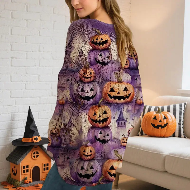 Women’s Halloween Batwing Sleeve Pumpkin Print Blouse – Casual Top