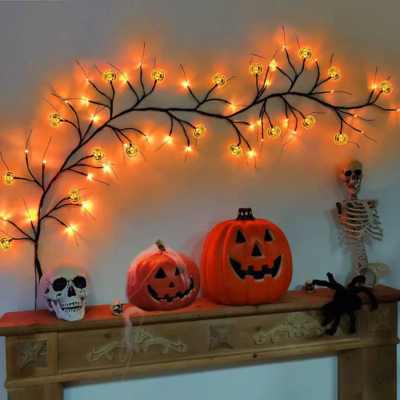 Halloween LED Willow Vine String Lights – Bat & Pumpkin Decoration
