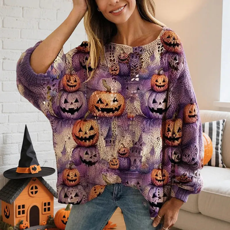 Women’s Halloween Batwing Sleeve Pumpkin Print Blouse – Casual Top