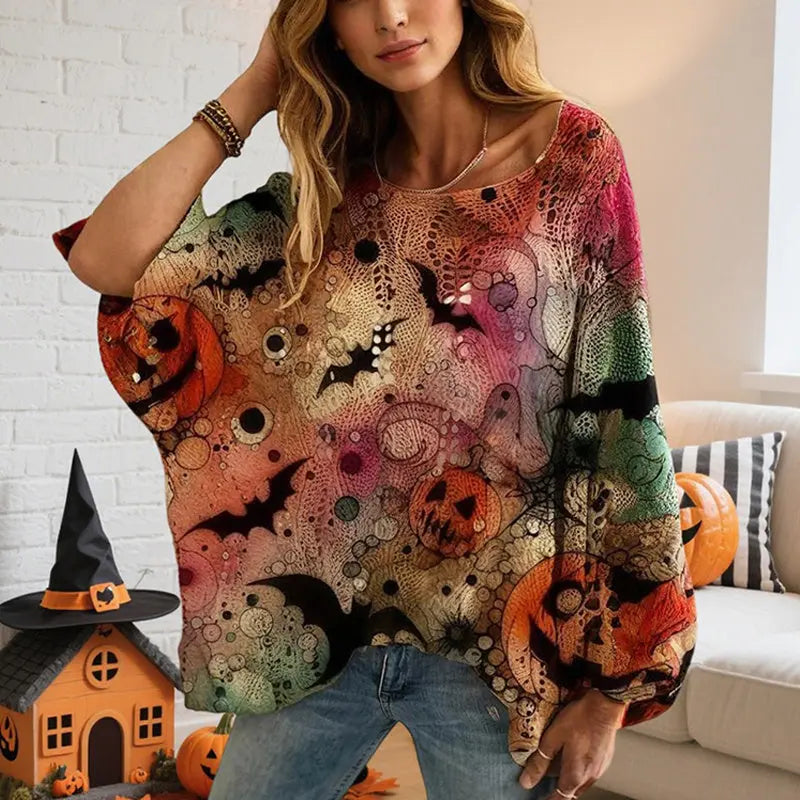 Women’s Halloween Batwing Sleeve Pumpkin Print Blouse – Casual Top